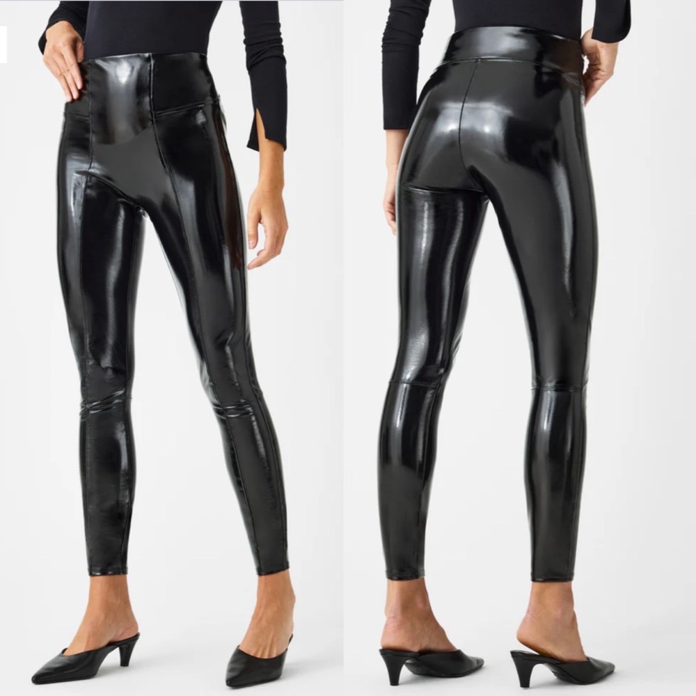 Spanx Faux Patent Leather Leggings Womens Size Small Black Slimming Pull-On Pant